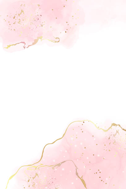 ilustraciones, imágenes clip art, dibujos animados e iconos de stock de fondo de acuarela líquida rosa con líneas doradas. efecto de dibujo de tinta de alcohol de mármol ruborizado. plantilla de diseño de ilustración vectorial para invitación de boda, menú, rsvp - blush