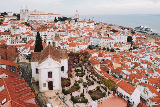Aerial view of Alfama historic district of Lisbon Aerial view of Alfama historic district of Lisbon national pantheon lisbon stock pictures, royalty-free photos & images