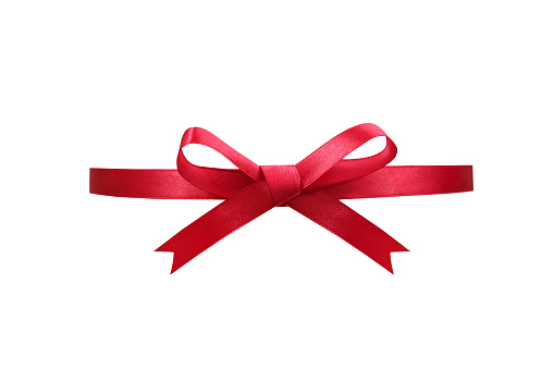 Red satin ribbon isolated on white. Holiday decor, christmas present decoration. Festive element.Silk strip.