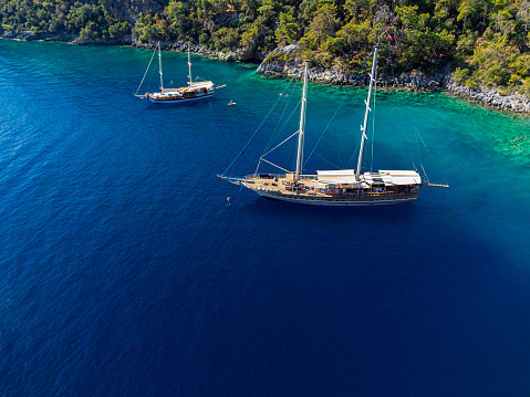 Gulet boat in a beautiful bay in Mediterrenian Sea near Göcek in Turkey.