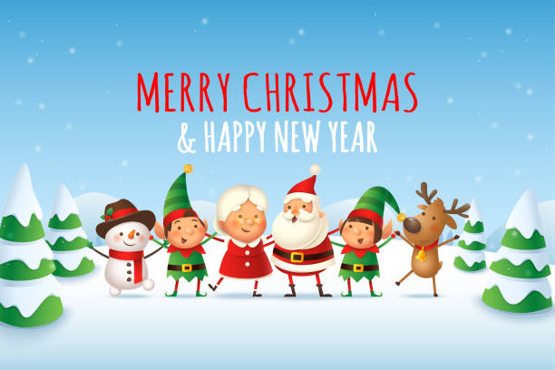 Santa Claus, Mrs Claus, Elves, Snowman and Reindeer on top of board peeking and celebrate Happy and cute Santa Claus, Mrs Claus, Elves, Reindeer and Snowman celebrate winter holidays - Merry Christmas and Happy New Year- isolated and grouped elements Happy and cute Santa Claus, Mrs Claus, Elves, Reindeer and Snowman celebrate winter holidays - Merry Christmas and Happy New Year nymph stock illustrations