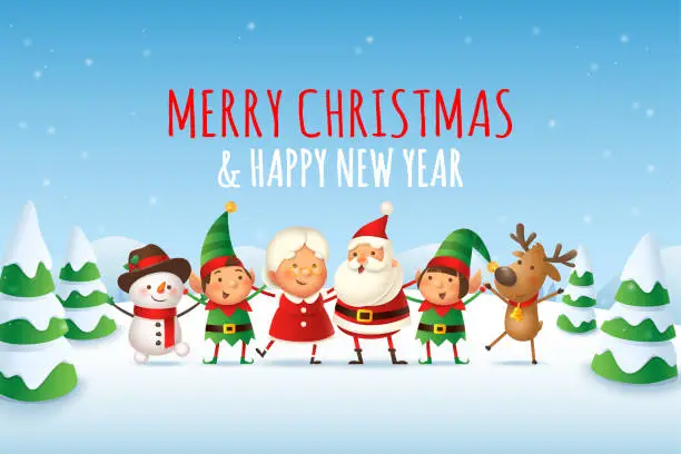 Vector illustration of Santa Claus, Mrs Claus, Elves, Snowman and Reindeer on top of board peeking and celebrate Happy and cute Santa Claus, Mrs Claus, Elves, Reindeer and Snowman celebrate winter holidays - Merry Christmas and Happy New Year- isolated and grouped elements