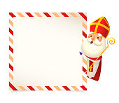 Saint Nicholas or Sinterklaas on right side of greeting card - template - vector illustration isolated