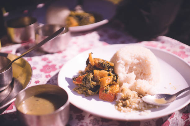 All-you-can-eat set meal of typical Nepali home cooking, "Dal bhat" stock photo