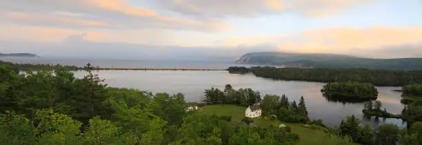 Photo of Lake and Atlantic ocean, panoramic view from Freshwater Look-off in Ingonish, Nova Scotia