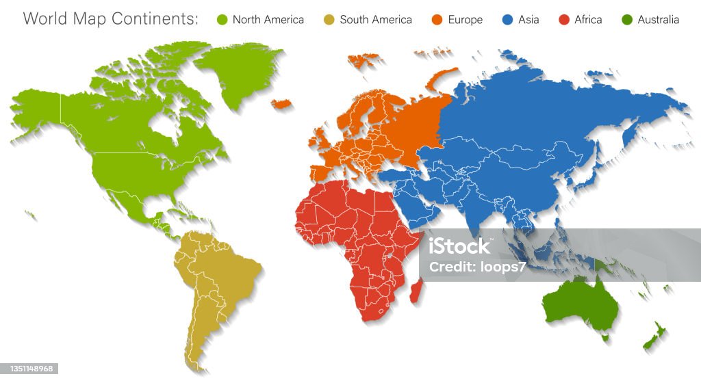 Carte du monde détaillée divisée en six continents - Version précise et correcte - clipart vectoriel de Planisphère libre de droits