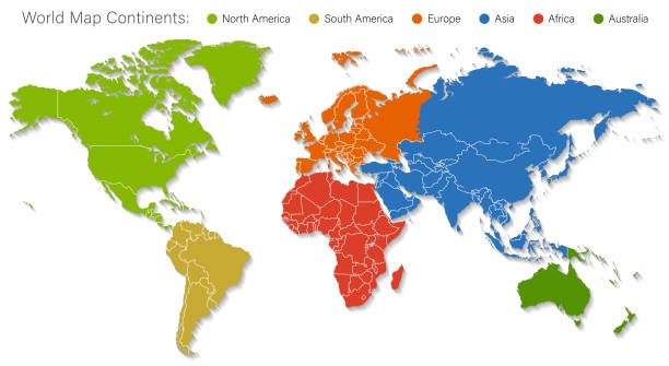 6개 대륙으로 나뉘어진 상세한 세계지도 - 정확하고 정확한 버전 - 세계지도 stock illustrations