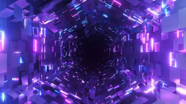 Flying inside a neon hexagonal tunnel. Background futuristic. Chaotic distribution of polygons. 3d illustration stock photo