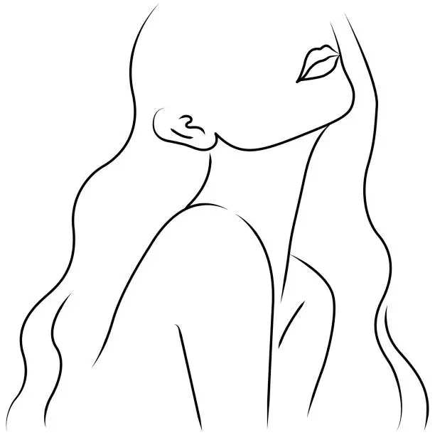Vector illustration of Minimalist silhouette of woman with long curly hair.