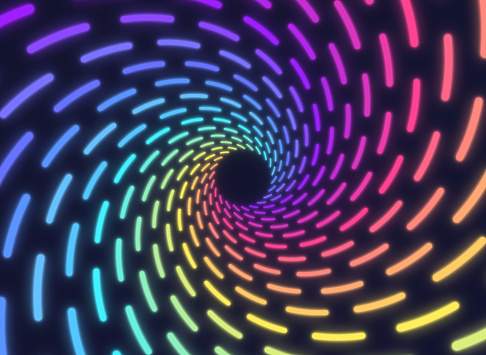 Rainbow spiral zoom glow lines background pattern.