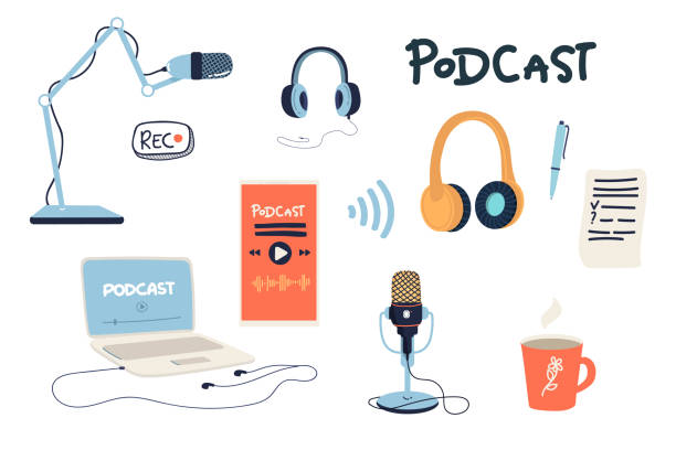 Podcast show. Vector flat cartoon illustration with different podcast elements. microphone, laptop, volume, record button Podcast show. Vector flat cartoon illustration with different podcast elements. radio drawings stock illustrations