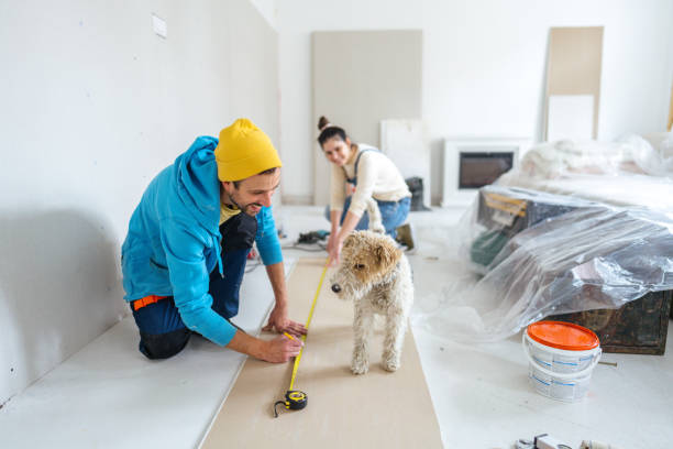Working together Photo of a young couple and their cute dog measuring and cutting drywall; installing plasterboard/drywall and working together on their home remodeling project. home improvement stock pictures, royalty-free photos & images