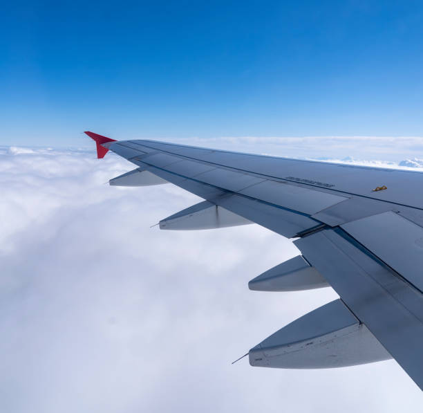 istock View of an airplane wing and sky as background. 1351151519