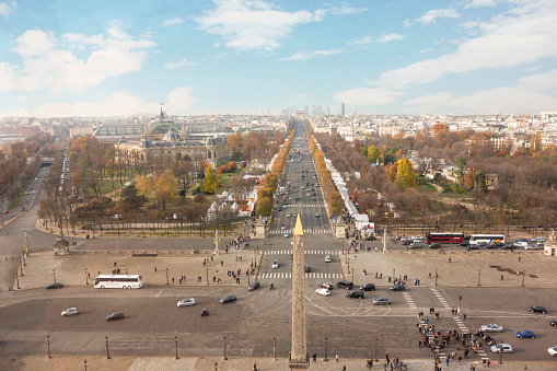 Paris, France - November 22 2014: Looking at Champs-Élysées and La Défense from higher ground in Paris in Autumn
