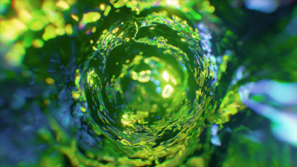 Swirling water funnel. Round water tunnel. Green color. 3d illustration stock photo