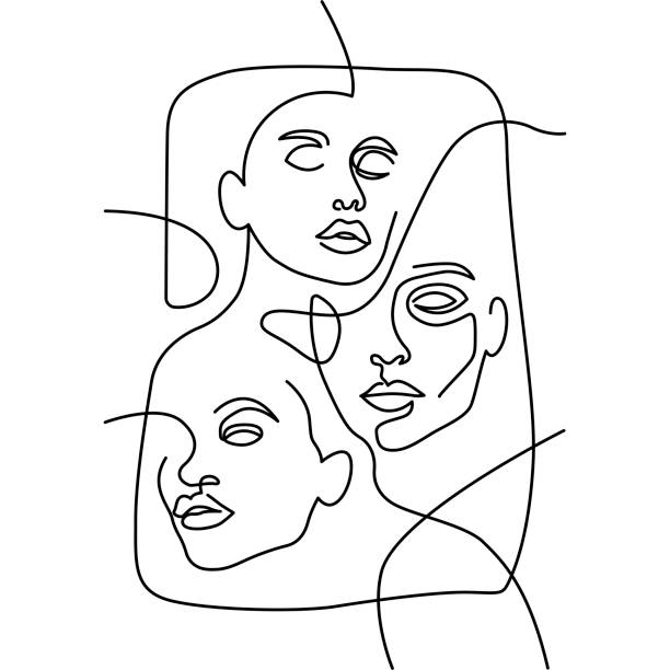 Abstract faces continuous line illustration. Minimalist face art. Abstract faces continuous line illustration. Minimalist face art. Black and white. White background. One line drawing. androgyn stock illustrations