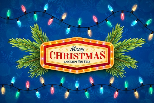 istock Merry Christmas and Happy New Year template. Vintage marquee sign with illuminated frame. Fir branches and different colored electric lights spaced evenly along a cable. 1351160666