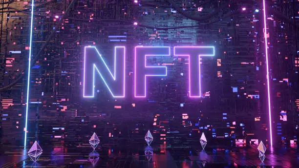 Blockchain digital data transmission room. NFT non fungible token neon concept with crypto currencies Ethereum. New way to buy digital assets, collectibles and crypto art. High quality 3d illustration