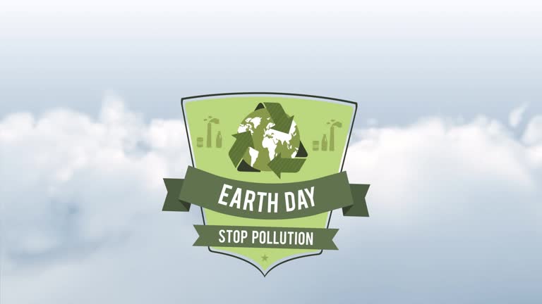 Animation of shield with recycling symbol and earth day on cloudy sky