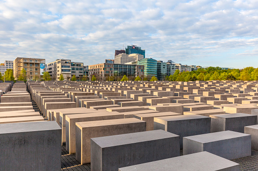 Berlin, Germany - May 3, 2016: Holocaust Memorial on Berlin, varios gray cubes to remember murdered people