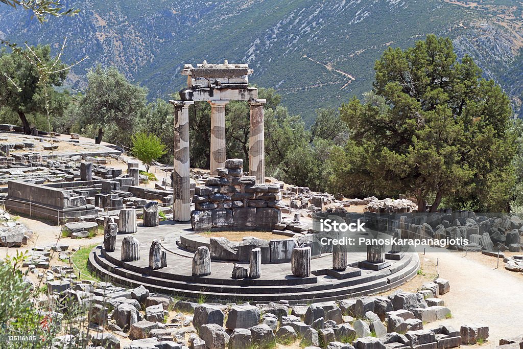Delphi archaeological site in Greece Temple of Athena pronoia at Delphi oracle archaeological site in Greece Antiquities Stock Photo