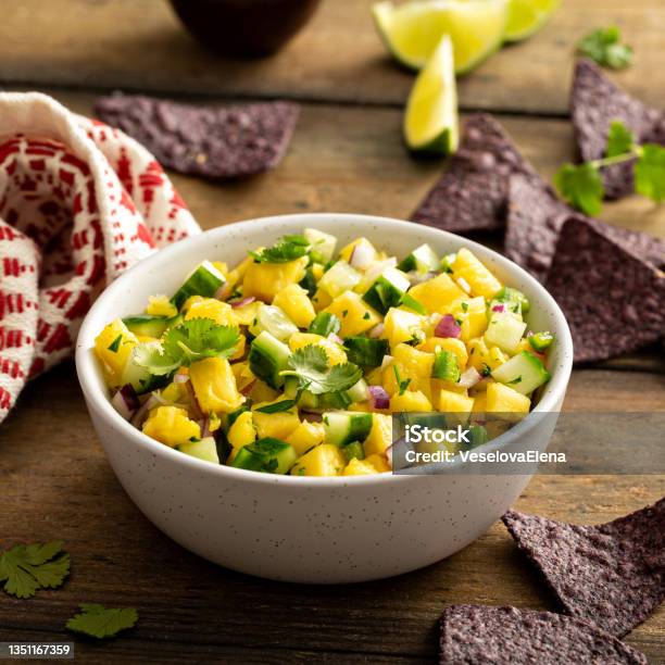 Pineapple And Cucumber Salsa With Jalapeno And Red Onion Stock Photo - Download Image Now