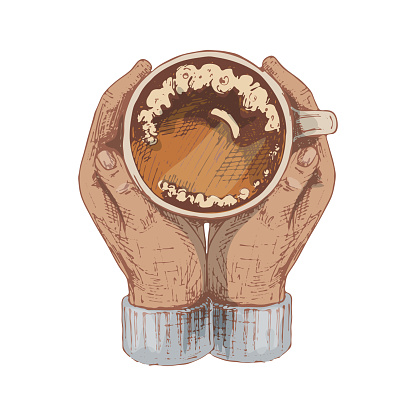 Two hands hugging a cup of coffee. Top view. Vintage vector hatching color illustration isolated on white background