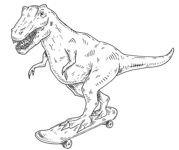 ilustraciones, imágenes clip art, dibujos animados e iconos de stock de dinosaurio monta en monopatín. grabado negro vintage - tyrannosaur