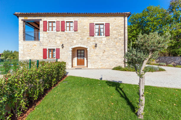 Luxurious beautiful modern villa with swimming pool and yard garden, aerial view, Istria, Croatia
