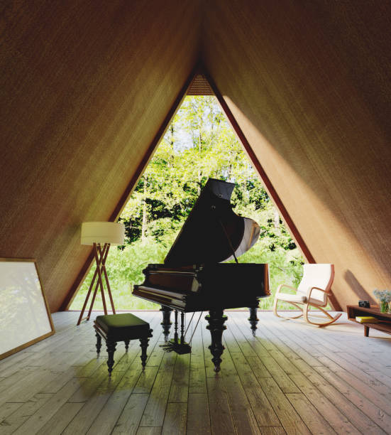 Triangular tiny house interior with a grand piano Triangular tiny house interior with a grand piano triangle building stock pictures, royalty-free photos & images