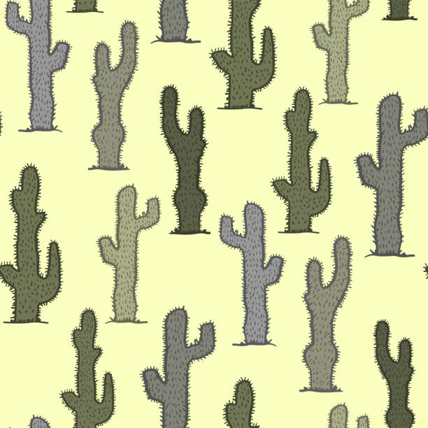 illustrations, cliparts, dessins animés et icônes de cactus multicolores assortis isolés sur fond jaune. mignon dessin animé sans couture. illustration graphique plate vectorielle dessinée à la main. texture. - southwest usa floral pattern textile textured