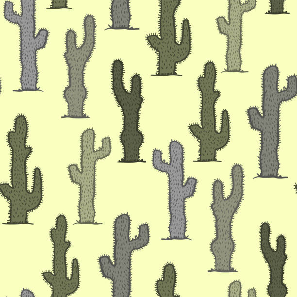 ассорти разноцветных кактусов выделено на желтом фоне. симпатичный мультяшный бесшовный узор. векторная плоская графическая рисована илл� - southwest usa floral pattern textile textured stock illustrations