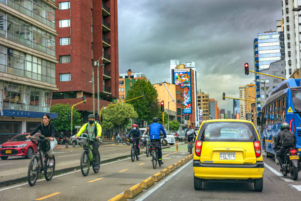 Bogotá, Colombia - The Drivers Point Of View Of Bicycle Lane On The Southbound Carriageway Of Carrera Septima In The Chapinero Chapigay Area Of The Capital City On An Overcast Day. stock photo
