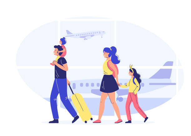 ilustraciones, imágenes clip art, dibujos animados e iconos de stock de familia con niños en el aeropuerto. ilustración vectorial. viajar en avión. concepto de viaje. - viajes familiares