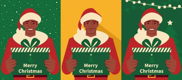 Vector illustration of Happy handsome mature men dressed in a Santa Claus suit holding a Christmas present, with three backgrounds
