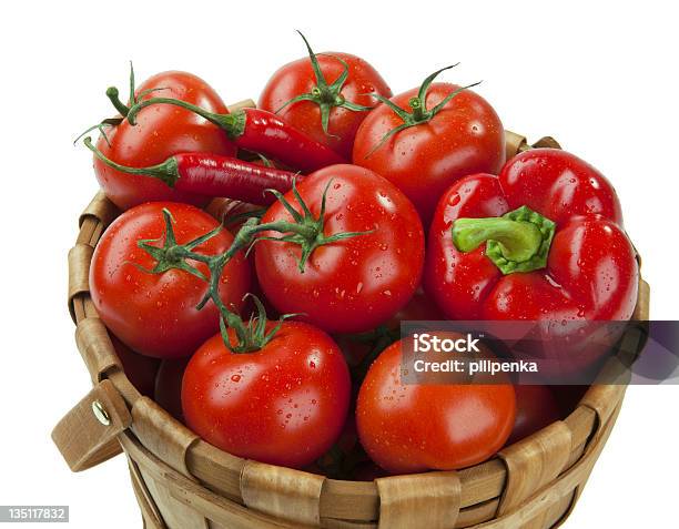 Tomatoes And Peppers Stock Photo - Download Image Now - Basket, Cut Out, Drop