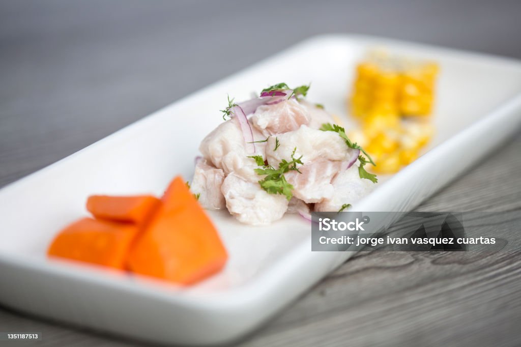 Tropical ceviche Delicious fish ceviche with celery Appetizer Stock Photo
