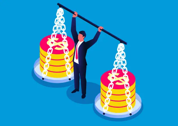 Vector illustration of Isometric businessman lifting up gold coins inside scales, business concept illustration
