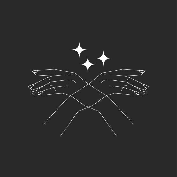Womans hand and stars. Mystical boho icon Womans hand and stars. Mystical boho icon. Thin line illustration in bohemian style. Witchcraft symbol dream believe tattoo stock illustrations