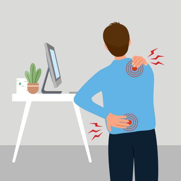 Businessman suffering from back pain and shoulder pain in flat design. Office syndrome concept vector illustration. Businessman suffering from back pain and shoulder pain in flat design. Office syndrome concept vector illustration. back pain stock illustrations