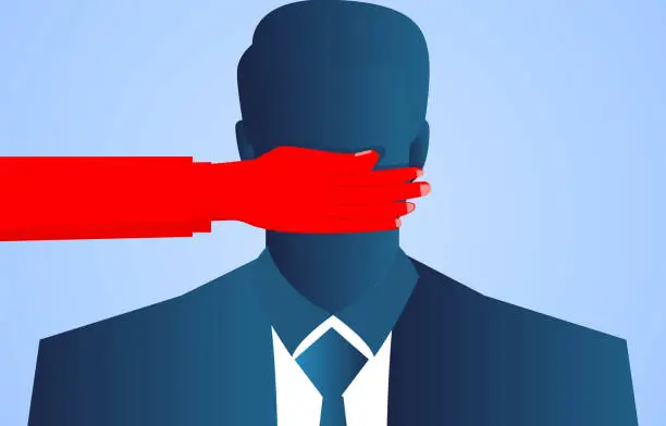 Vector illustration of Businessman's mouth is blocked by red hands