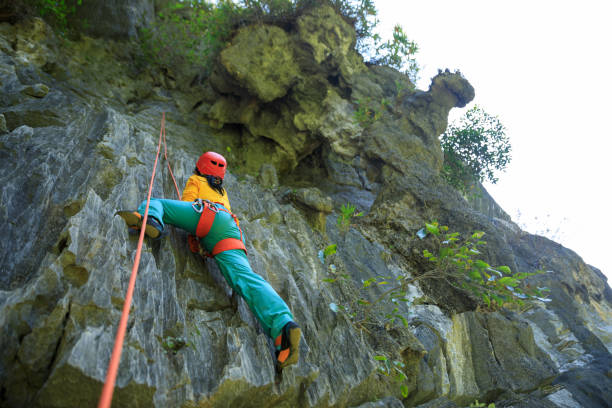 istock Female rock climber on cliff 1351193033