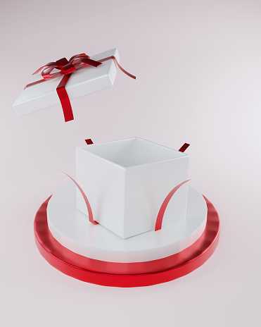 open gift box or gift box with red ribbon and bow isolated on white background on podium 3d shadow rendering festival concept gift giving special day christmas valentines day and celebration celebrate