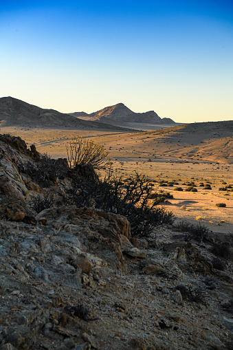 Desolate landscape of the Namib Desert, Namibia near Luderitz, the scene of diamond mining in the 1900s, now abandoned.