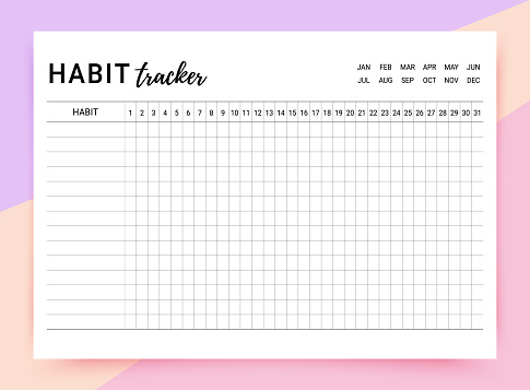 Habit tracker. Daily list. Habit diary template for month. Journal planner with goal and bullets. Simple design. Vector illustration. Horizontal, landscape orientation, paper size A4.