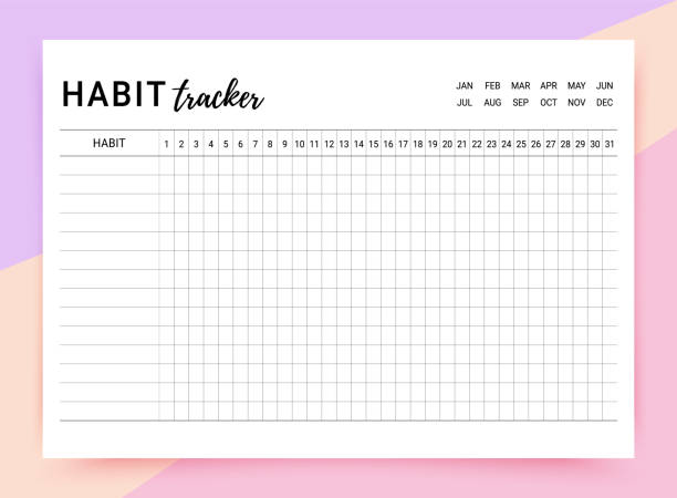 Habit tracker template. Habit diary layout for month. Vector illustration. Habit tracker. Daily list. Habit diary template for month. Journal planner with goal and bullets. Simple design. Vector illustration. Horizontal, landscape orientation, paper size A4. tracker stock illustrations