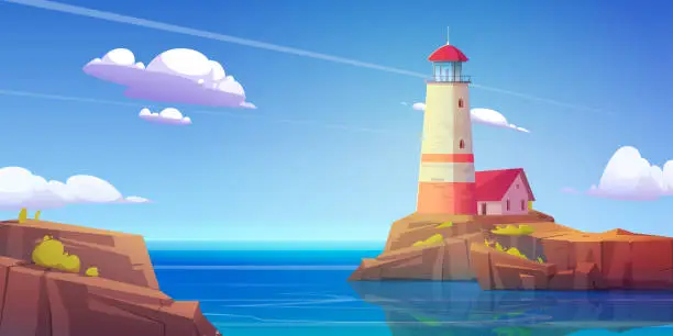 Vector illustration of Lighthouse on rock island in sea