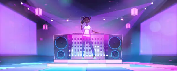 Vector illustration of Girl dj in nightclub with mixer console