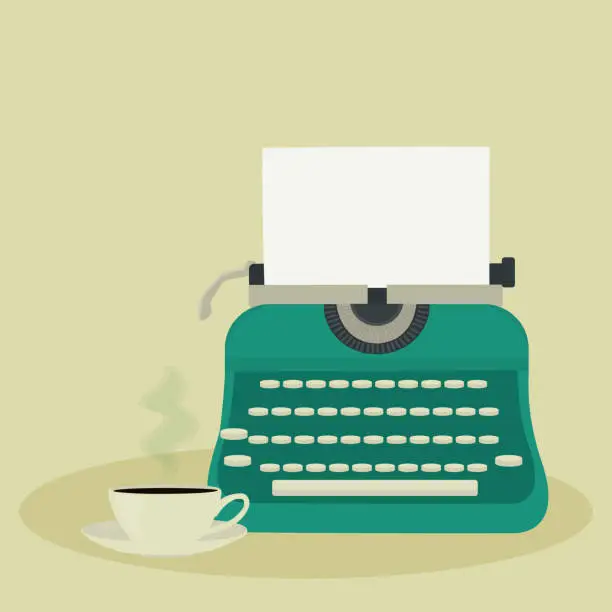 Vector illustration of Typewriter and cup of tea.