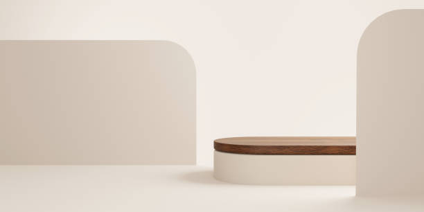 istock Abstract minimal scene with wooden podium and backdrop in studio lighting beige background. Product presentation showcase, Mock up stage, Cosmetic product display, Podium, stage pedestal. 3d rendering 1351204124